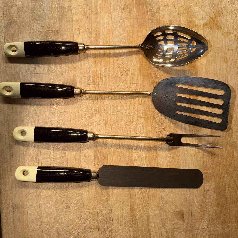 Vintage Ekco USA Kitchen Utensils Set Of 4 Black Handle Cream Tip MCM Slotted